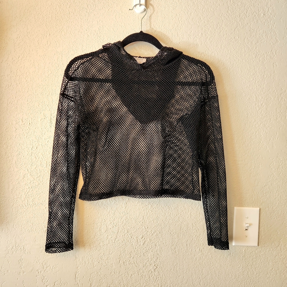 Smoke & Mirrors Free People Mesh Long-Sleeve Crop Hoodie